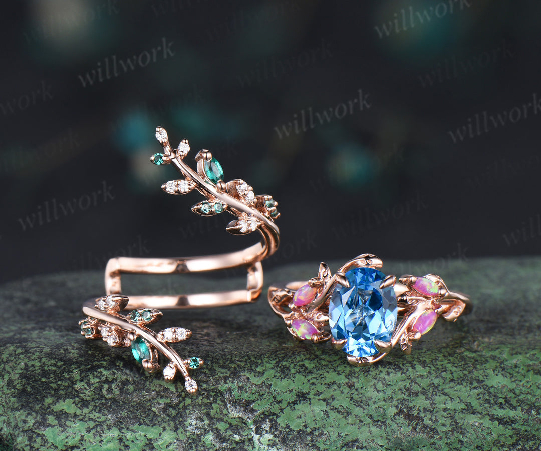 Oval Swiss blue topaz engagement ring set topaz marquise purple opals ring twig leaf emerald moissanite wedding band unique bridal set