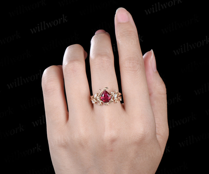 Pear cut ruby ring set art deco moon leaf opal moissanite ring matching leaf wedding band nature inspired bridal jewelry