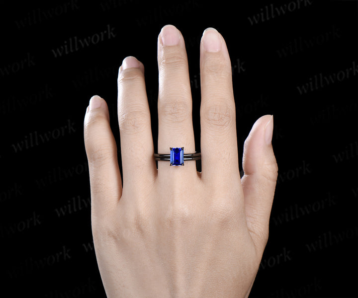 Emerald cut sapphire engagement ring set solitaire black gold ring minimalist band bridal set September birthstone jewelry