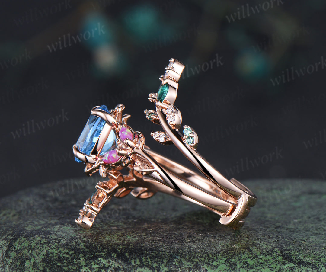 Oval Swiss blue topaz engagement ring set topaz marquise purple opals ring twig leaf emerald moissanite wedding band unique bridal set