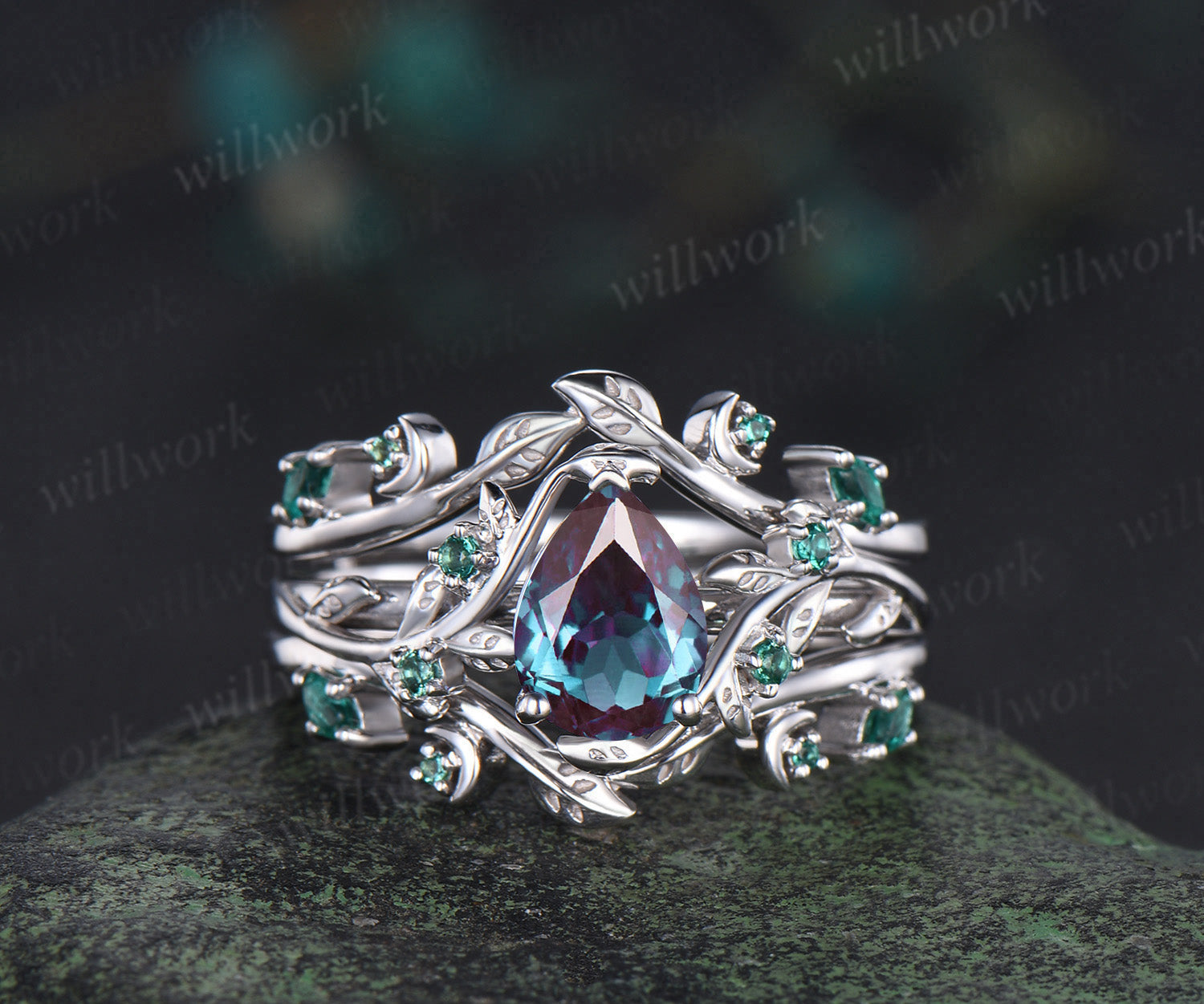 Vintage pear alexandrite engagement ring set leaf twig art deco
