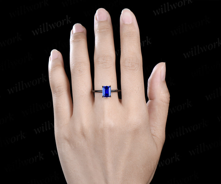 Emerald cut sapphire engagement ring set solitaire black gold ring minimalist band bridal set September birthstone jewelry