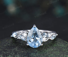 6x8mm pear cut aquamarine engagement ring marquise aquamarines moissanites cluster promise ring March birthstone jewelry gifts