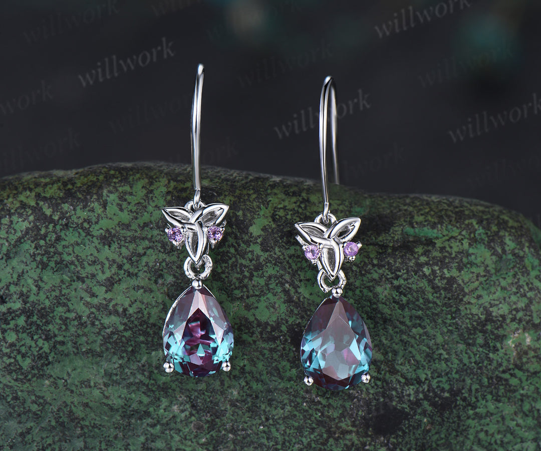 Pear alexandrite drop earrings & matching necklace set white gold celtic knot jewelry color-change gemstone anniversary gift for women