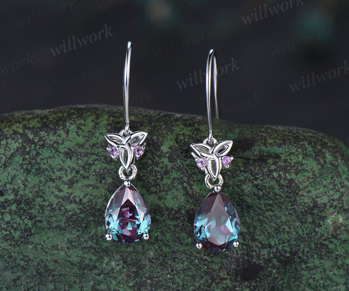 Pear alexandrite drop earrings & matching necklace set white gold celtic knot jewelry color-change gemstone anniversary gift for women