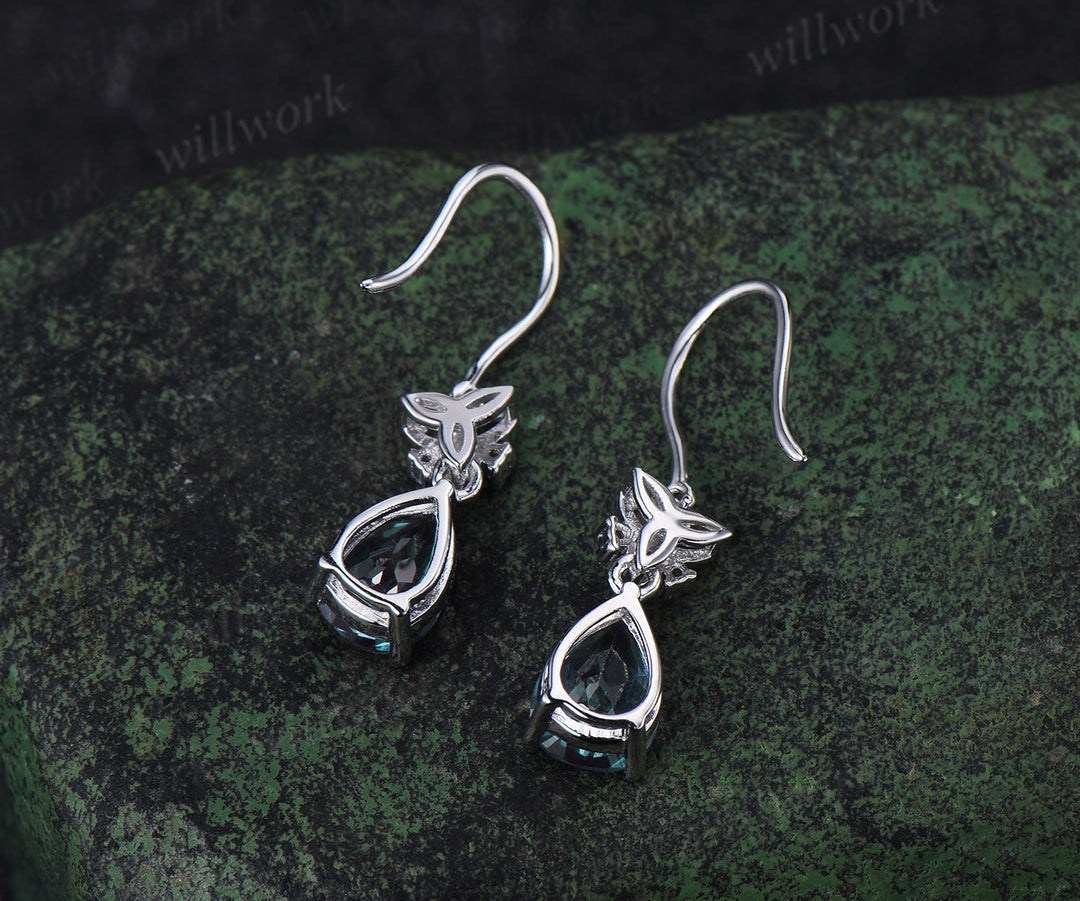 Pear alexandrite drop earrings & matching necklace set white gold celtic knot jewelry color-change gemstone anniversary gift for women