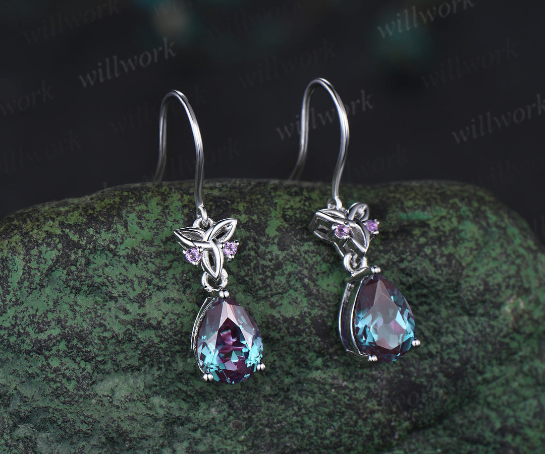 Pear alexandrite drop earrings & matching necklace set white gold celtic knot jewelry color-change gemstone anniversary gift for women
