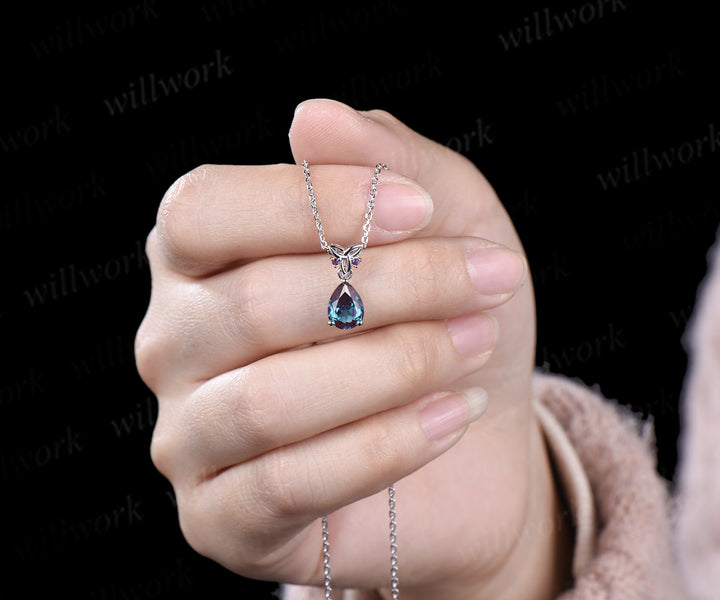 Pear cut alexandrite Necklace solid 14k white gold Celtic knot amethyst Pendant women color change gemstone anniversary gift