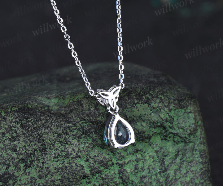 Pear alexandrite drop earrings & matching necklace set white gold celtic knot jewelry color-change gemstone anniversary gift for women