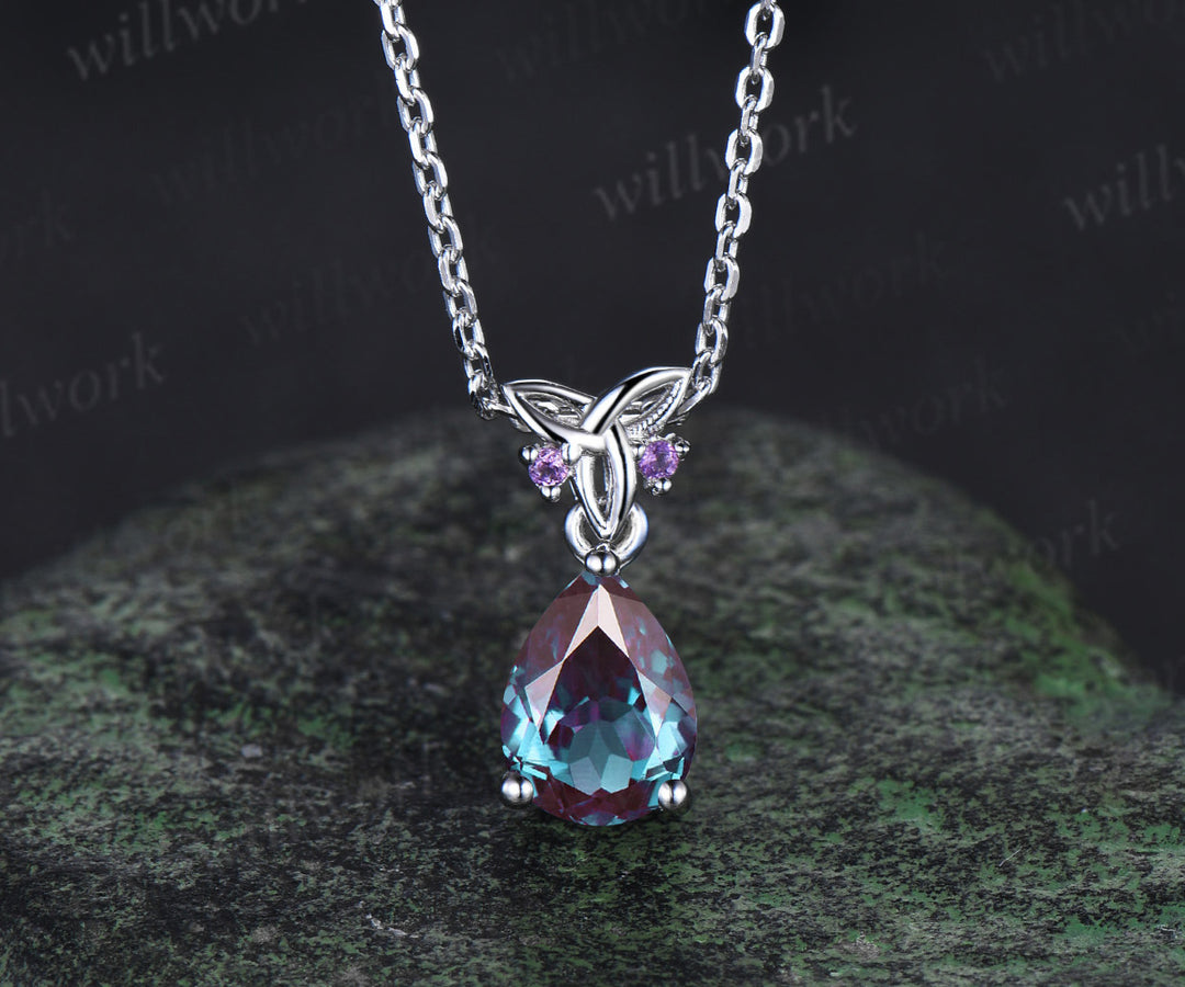 Pear alexandrite drop earrings & matching necklace set white gold celtic knot jewelry color-change gemstone anniversary gift for women
