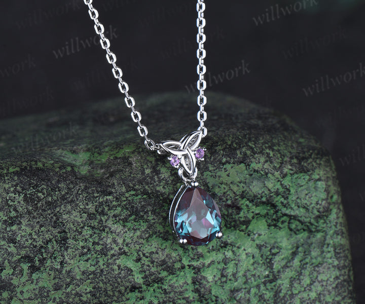 Pear alexandrite drop earrings & matching necklace set white gold celtic knot jewelry color-change gemstone anniversary gift for women