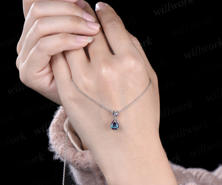 Pear alexandrite drop earrings & matching necklace set white gold celtic knot jewelry color-change gemstone anniversary gift for women