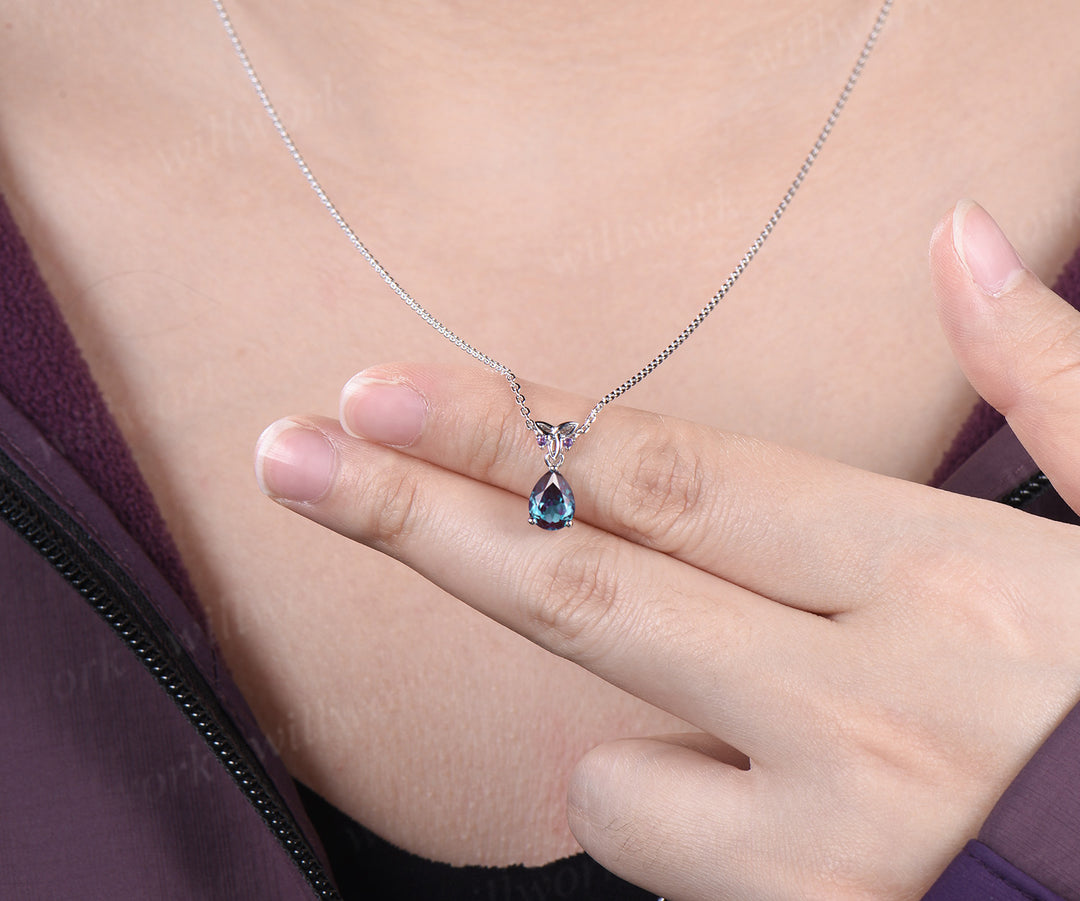 Pear alexandrite drop earrings & matching necklace set white gold celtic knot jewelry color-change gemstone anniversary gift for women