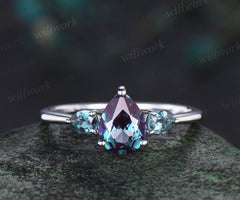 Teardrop alexandrite engagement ring minimalistic three stone unique pear shaped alexandrite ring June birthstone anniversary ring for women
