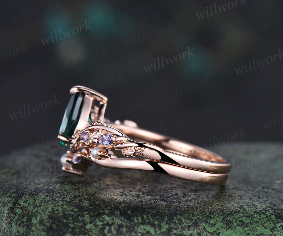 Nature inspired pear cut emerald ring set twig leaf vine tanzanite ring curved pearl band solid 14k rose gold bridal set