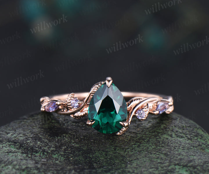 Nature inspired pear cut emerald ring set twig leaf vine tanzanite ring curved pearl band solid 14k rose gold bridal set