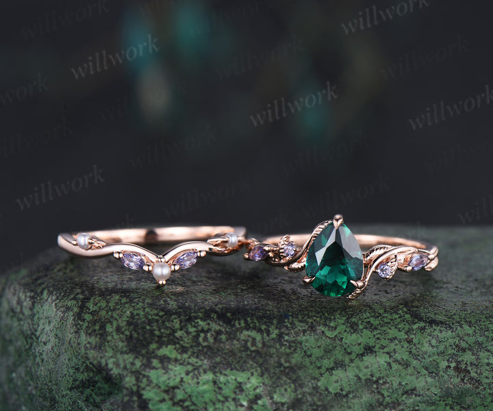 Nature inspired pear cut emerald ring set twig leaf vine tanzanite ring curved pearl band solid 14k rose gold bridal set