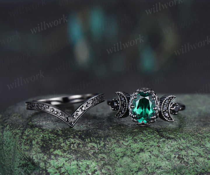 Gothic oval emerald ring set black gold crescent moon engagement ring curved starry stackable band May birthstone promise ring