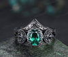 Gothic oval emerald ring set black gold crescent moon engagement ring curved starry stackable band May birthstone promise ring