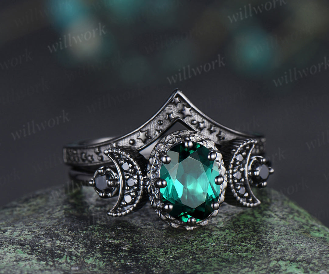 Gothic oval emerald ring set black gold crescent moon engagement ring curved starry stackable band May birthstone promise ring
