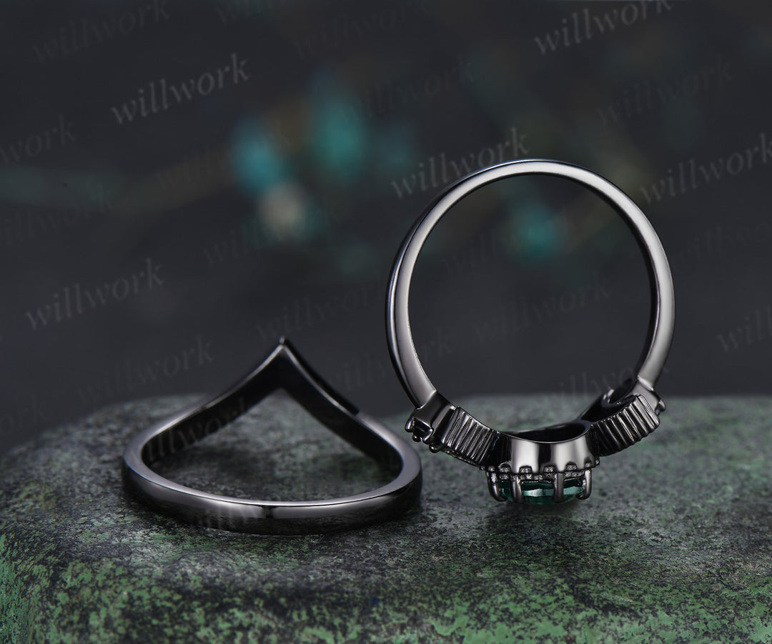 Gothic oval emerald ring set black gold crescent moon engagement ring curved starry stackable band May birthstone promise ring