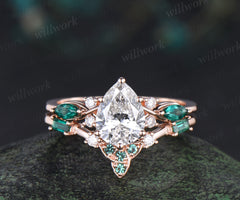 Pear lab IGI grown diamond ring set vintage seven stone ring trinity knot baguette emerald wedding Band 2pc bridal set