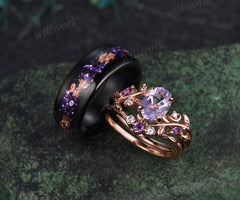 Unique Oval Lavender Amethsyt Moon Leaf Bridal Set & Tungsten Amethyst Men Wedding Band Enchanting Couple Ring Set
