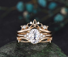 Oval moissanite cluster engagement ring celtic knot diamonds twig curved band solid yellow gold 3pc bridal set