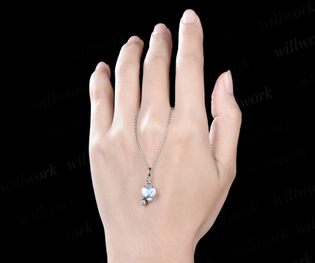 East to West oval moonstone necklace celestial moon star diamond opal elegant pendant necklace June birthstone anniversary gifts