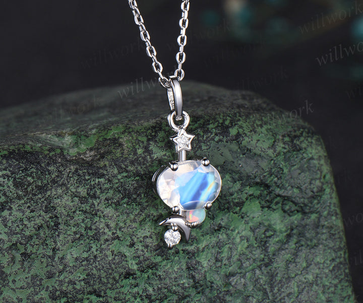 East to West oval moonstone necklace celestial moon star diamond opal elegant pendant necklace June birthstone anniversary gifts
