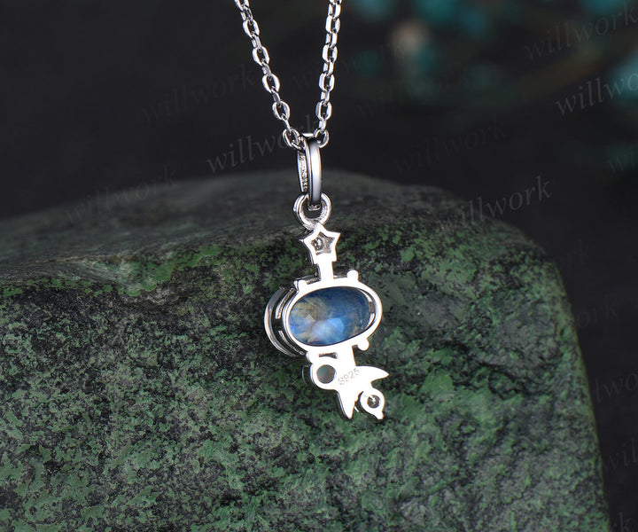 East to West oval moonstone necklace celestial moon star diamond opal elegant pendant necklace June birthstone anniversary gifts