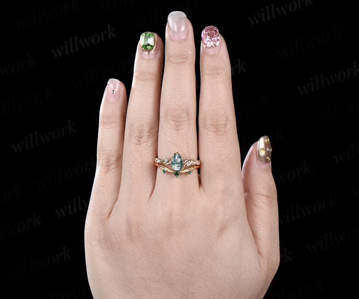 Pear cut moss agate ring twig vine leaf unique moissanites engagement ring yellow gold nature inspired emerald band bridal set