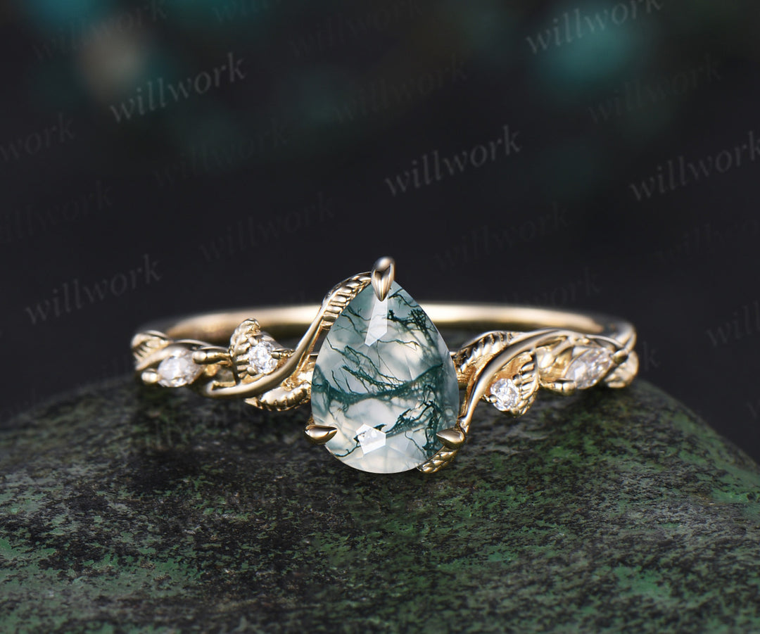 Pear cut moss agate ring twig vine leaf unique moissanites engagement ring yellow gold nature inspired emerald band bridal set