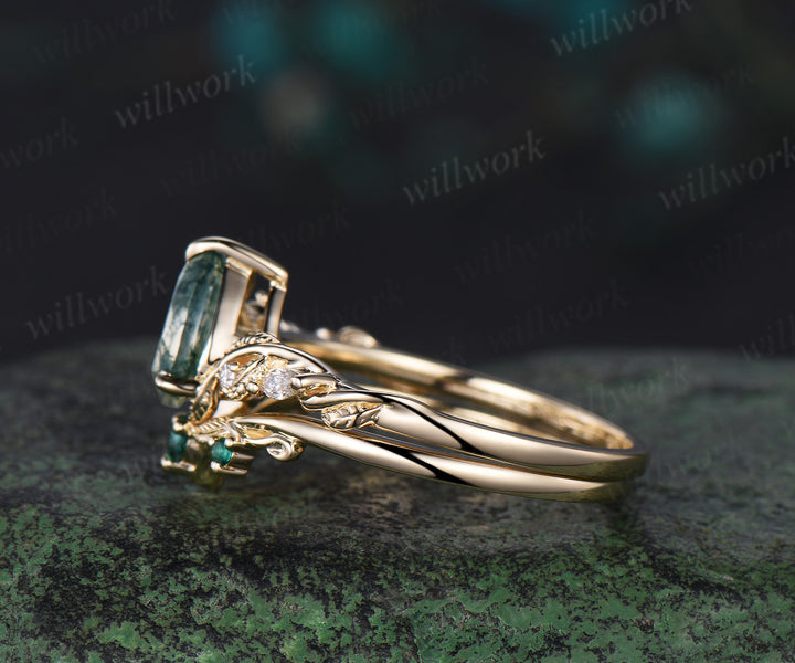 Pear cut moss agate ring twig vine leaf unique moissanites engagement ring yellow gold nature inspired emerald band bridal set