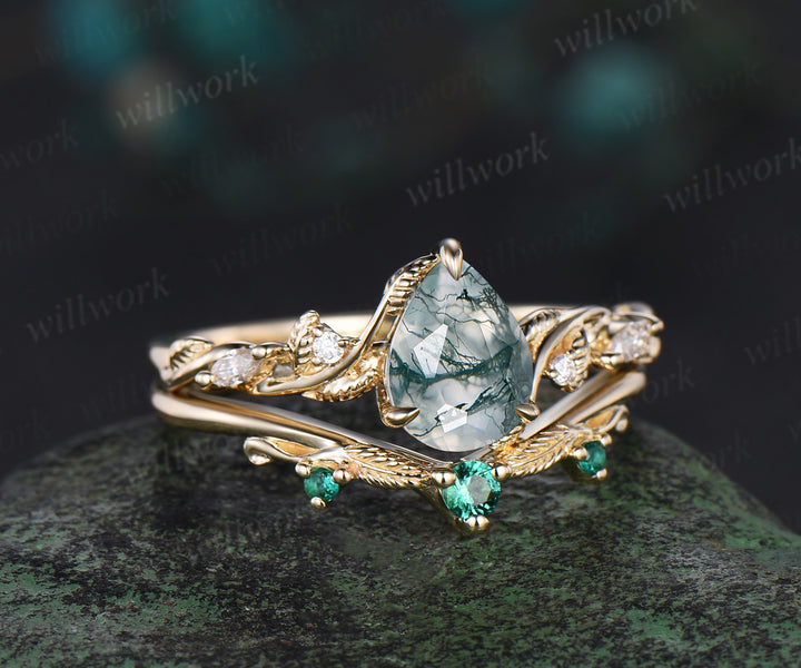 Pear cut moss agate ring twig vine leaf unique moissanites engagement ring yellow gold nature inspired emerald band bridal set