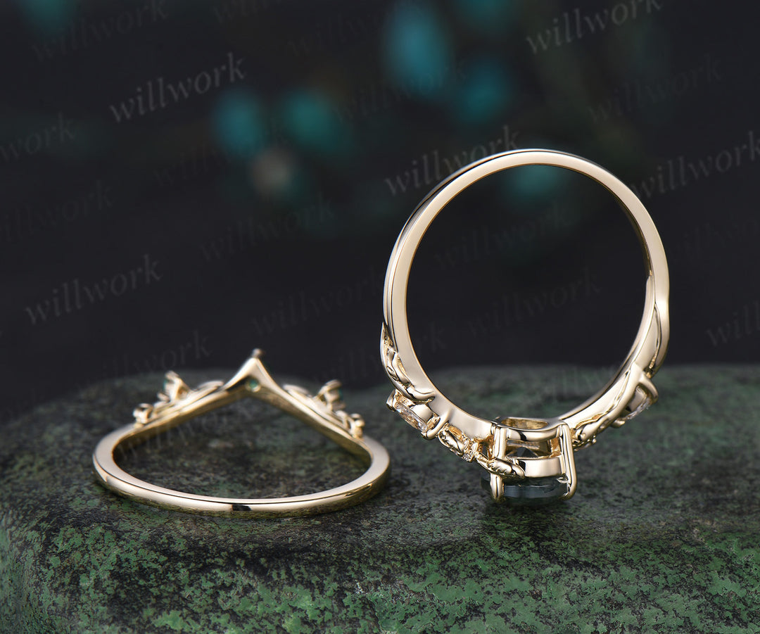 Pear cut moss agate ring twig vine leaf unique moissanites engagement ring yellow gold nature inspired emerald band bridal set