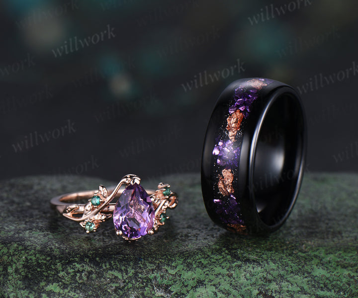 Nature Inspired Amethsyt Leaf Emeralds Ring & Tungsten Amethyst Men Wedding Band Enchanting Couple Ring Set