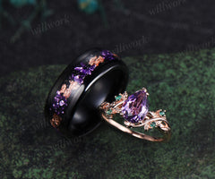 Nature Inspired Amethsyt Leaf Emeralds Ring & Tungsten Amethyst Men Wedding Band Enchanting Couple Ring Set