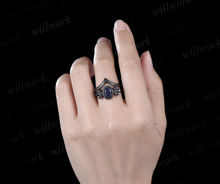 Black gold oval blue sandstone engagement ring black spinel moon milgrain ring Galaxy stone stars matching band gothic bridal set