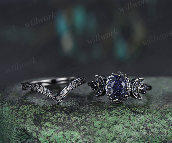 Black gold oval blue sandstone engagement ring black spinel moon milgrain ring Galaxy stone stars matching band gothic bridal set