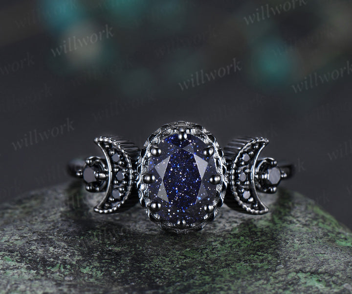 Black gold oval blue sandstone engagement ring black spinel moon milgrain ring Galaxy stone stars matching band gothic bridal set