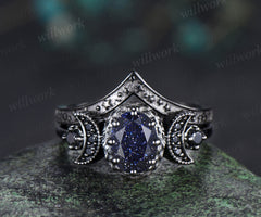 Black gold oval blue sandstone engagement ring black spinel moon milgrain ring Galaxy stone stars matching band gothic bridal set