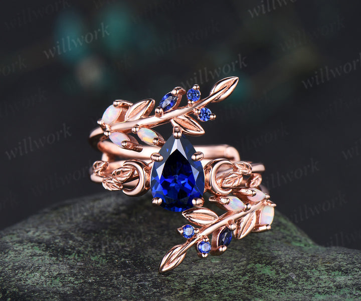 Vintage Pear Blue Sapphire Leaf Ring Set & Tungsten Galaxy Nebula Men Blue Sandstone Band Couple Ring Set