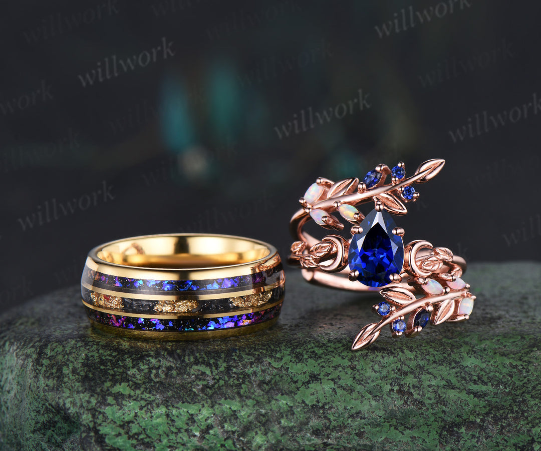 Vintage Pear Blue Sapphire Leaf Ring Set & Tungsten Galaxy Nebula Men Blue Sandstone Band Couple Ring Set