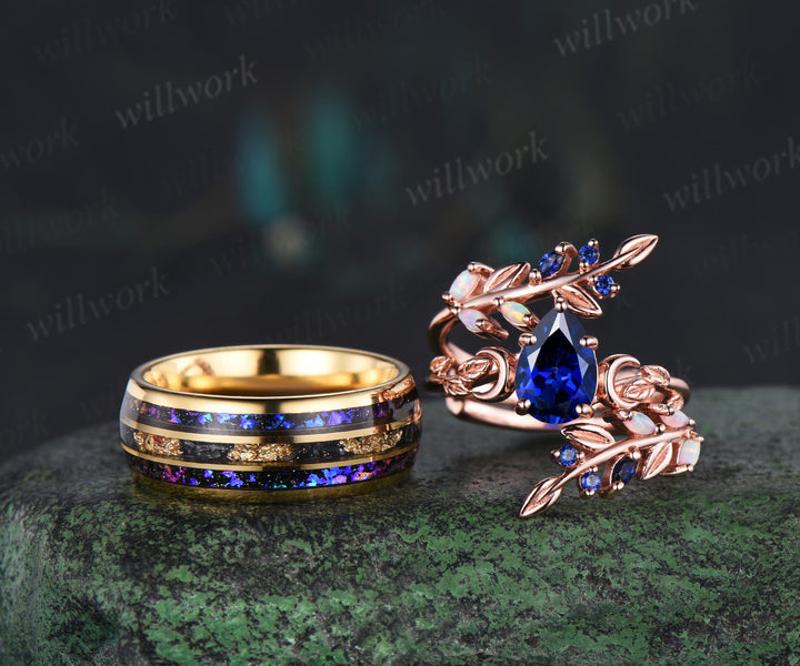 Vintage Pear Blue Sapphire Leaf Ring Set & Tungsten Galaxy Nebula Men Blue Sandstone Band Couple Ring Set