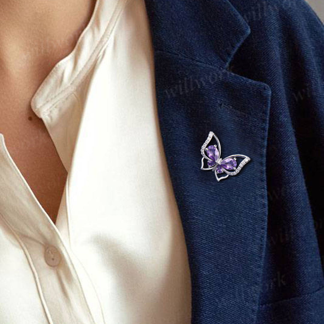 Pear cut amethyst butterfly brooch pave moissanites lapel pins elegant butterfly brooch for women jewelry gifts