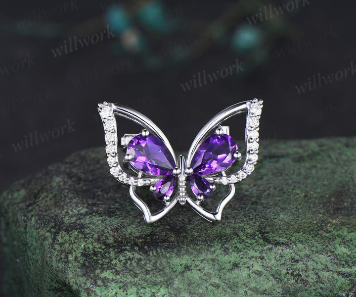 Pear cut amethyst butterfly brooch pave moissanites lapel pins elegant butterfly brooch for women jewelry gifts