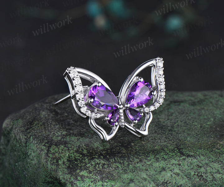 Pear cut amethyst butterfly brooch pave moissanites lapel pins elegant butterfly brooch for women jewelry gifts