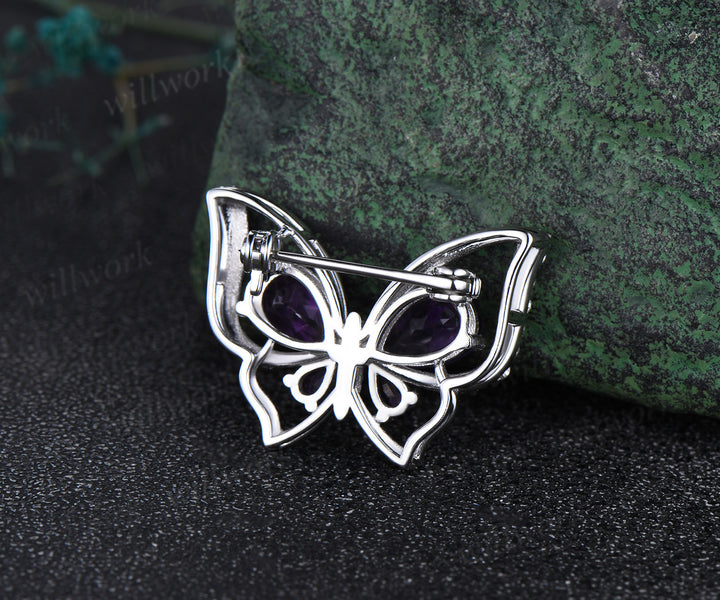Pear cut amethyst butterfly brooch pave moissanites lapel pins elegant butterfly brooch for women jewelry gifts