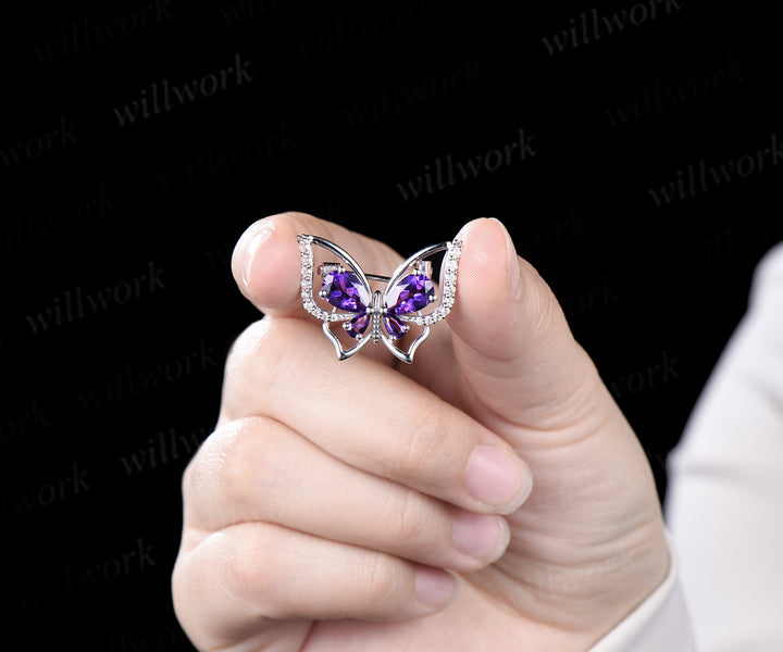 Pear cut amethyst butterfly brooch pave moissanites lapel pins elegant butterfly brooch for women jewelry gifts